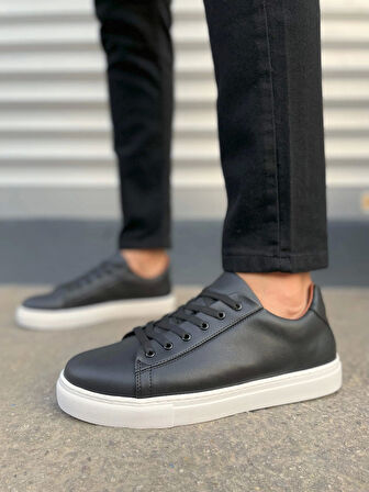 Tb122 Mode Bağcıklı Cilt Erkek Günlük Sneaker Ayakkabı Cbt - Siyah