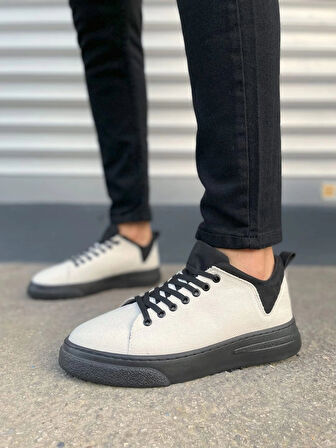 Tb204 Flex Bağcıklı Keten Kumaş Erkek Günlük Sneaker Ayakkabı Kst - Beyaz/siyah