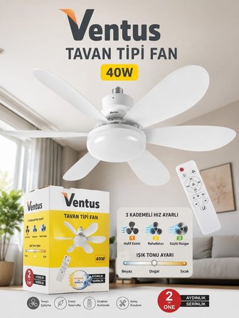Ventus 40W Uzaktan Kumandalı Tavan Tipi Fan LED Aydınlatma