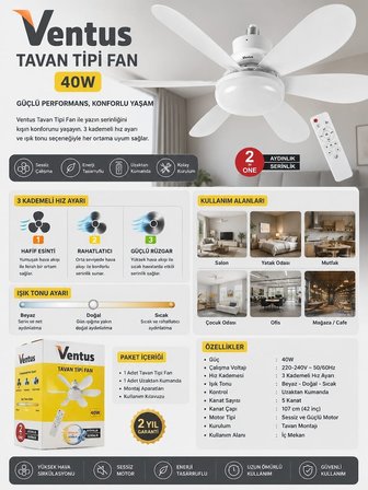 Ventus 40W Uzaktan Kumandalı Tavan Tipi Fan LED Aydınlatma