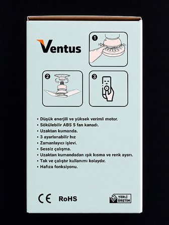 Ventus Işıklı Tavan Vantilatörü Pervaneli LED Ampul Ayarlı 30W Kumandalı E27 5 Kanatlı