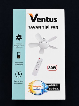 Ventus Işıklı Tavan Vantilatörü Pervaneli LED Ampul Ayarlı 30W Kumandalı E27 5 Kanatlı