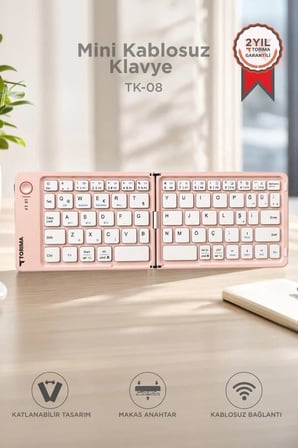 Kablosuz Klavye Bluetooth Katlanabilir Şarjlı Mini Klavye TK08 Pembe Seyahat Cep Cihaz