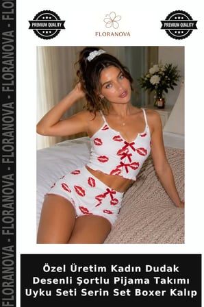 Özel Üretim Kadın Dudak Desenli Şortlu Pijama Takımı Uyku Seti Serin Set Boxer Kalıp