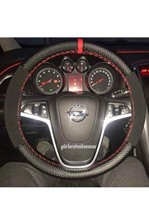 Opel Astra J Uyumlu Dikmeli Direksiyon Kılıfı Alkantara Karbon Kırmızı