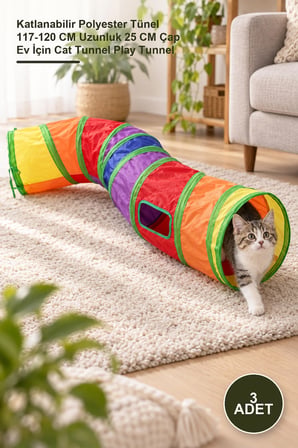 3 Adet Kedi Oyun Tüneli – Katlanabilir Polyester Tünel 117-120 CM Uzunluk 25 CM Çap Ev İçin Cat Tunnel Play Tunnel