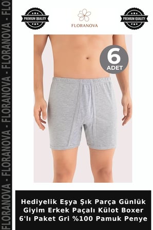 Hediyelik Eşya Şık Parça Günlük Giyim Erkek Paçalı Külot Boxer 6'lı Paket Gri %100 Pamuk Penye