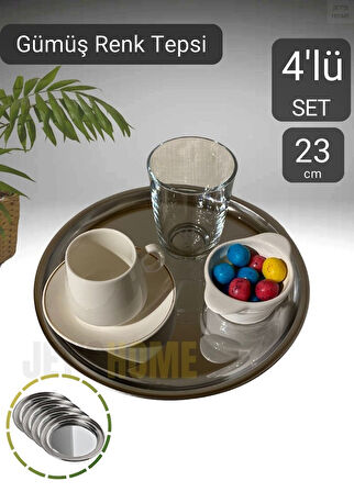 4’lü Set Lüx Sunum Tepsisi Paslanmaz Kahve Tepsisi Çelik Tepsi Yuvarlak Çeyizlik Tepsi 23 cm