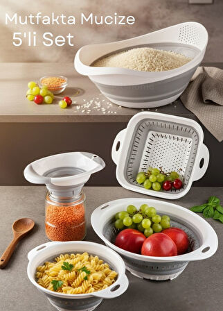 Çeyizlik 5’li Katlanır Süzgeç Seti – Pratik, Yer Tasarruflu Akordiyon Tasarım