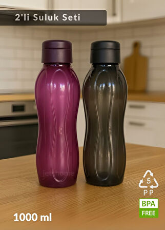 2’li PP-5 Su Şişesi Seti – 1000 ml Sızdırmaz Matara, BPA Free, Ev-İş-Spor İçin Siyah-Mürdüm