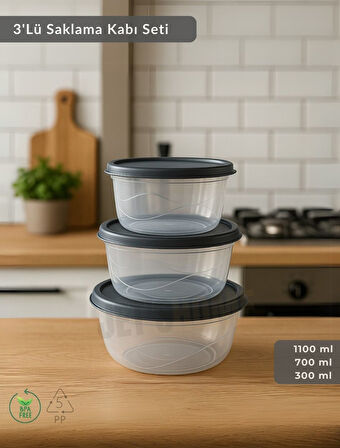 Yuvarlak 3'Lü Saklama Kabı Bpa Free Derin Dondurucu için Uygun Beslenme Kabı 1100-700-300 ml