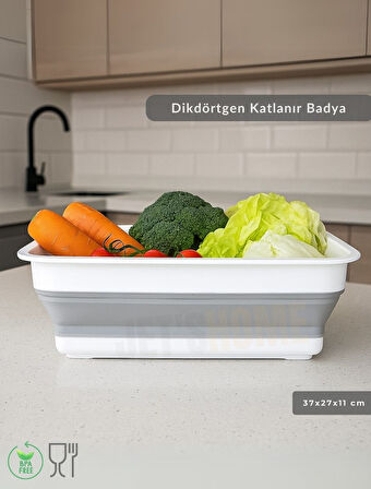 Katlanır Badya - Akordiyon Katlanabilir Dikdörtgen Kova | 8 L - Beyaz/Gri - BPA Free