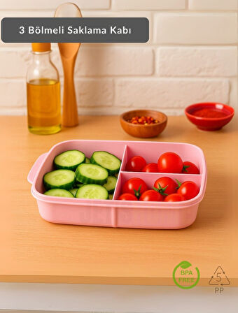 3 Bölmeli Saklama Kabı Bpa Free Beslenme Kabı Hava Almaz Kab Pembe 1500 ml