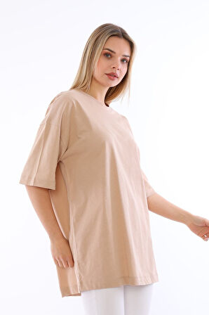 Unisex Pamuk Krem Bisiklet Yaka Boyfriend Örme Oversize T-shirt