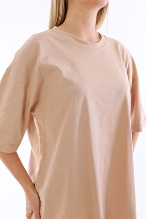 Unisex Pamuk Krem Bisiklet Yaka Boyfriend Örme Oversize T-shirt