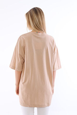 Unisex Pamuk Krem Bisiklet Yaka Boyfriend Örme Oversize T-shirt