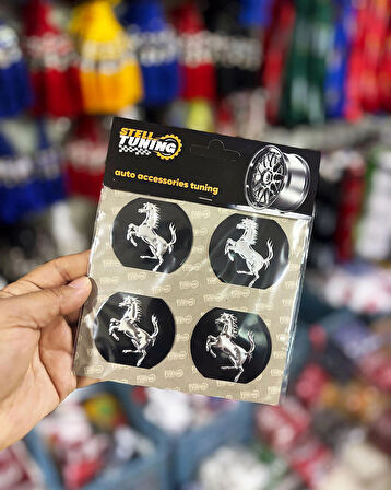 Universal Araç Uyumlu, Siyah At Jant Göbeği Arması, Sticker 4'lü Set 60mm