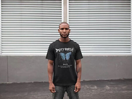 Unisex Bisiklet Yaka Baskılı Oversize T-Shirt - Siyah