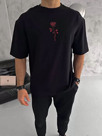 Unisex Bisiklet Yaka Baskılı Oversize T-Shirt - Siyah