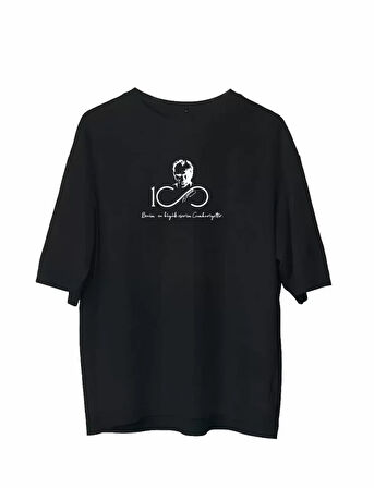 Unisex Bisiklet Yaka Baskılı Oversize T-Shirt - Siyah