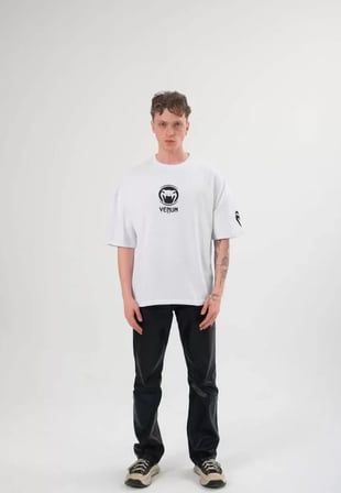 Unisex Bisiklet Yaka Baskılı Oversize T-Shirt - Beyaz