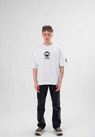 Unisex Bisiklet Yaka Baskılı Oversize T-Shirt - Beyaz