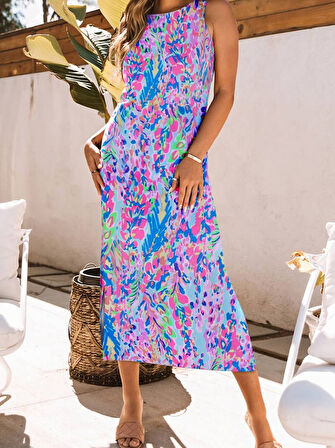 Kadın Askılı Yuvarlak Yaka Yandan Yırtmaçlı Uzun Süprem Elbise