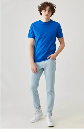 Unisex Düz Biskilet Yaka Oversize T-shirt - Mavi