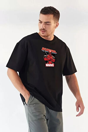 Unisex Bisiklet Yaka Baskılı Oversize T-Shirt - Siyah