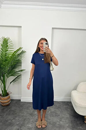 Kadın Kısa Kollu Yırtmaç Detaylı Salaş Viskon Elbise