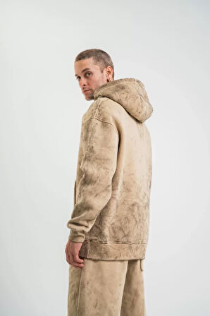 Unisex Double Oversize Kapşonlu Yıkamalı SweatShirt - Bej