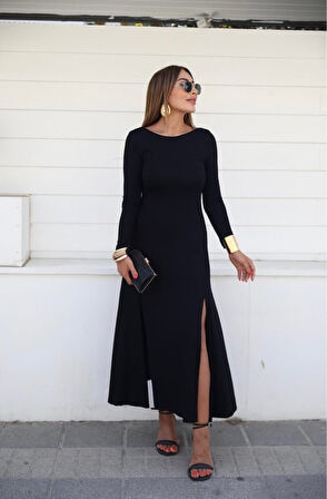 Kadın Uzun Kollu Hafif Kayık Yaka Sırt Dekolteli Yırtmaç Detaylı Viskon Tam Boy Elbise