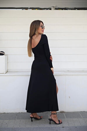 Kadın Uzun Kollu Hafif Kayık Yaka Sırt Dekolteli Yırtmaç Detaylı Viskon Tam Boy Elbise