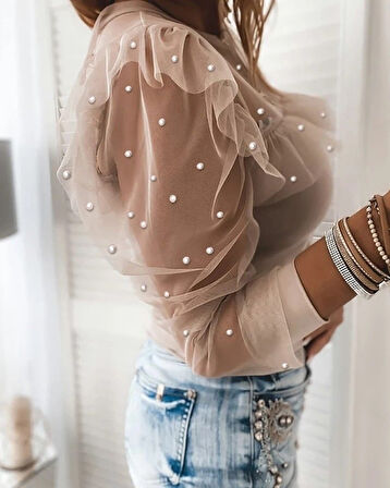 Kadın Uzun Kollu Kol Ve Yaka Tül Ve Inci Detay Viskon Bluz