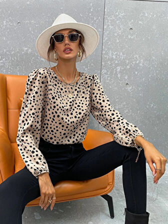 Kadın Uzun Kollu Bisiklet Yaka Desenli Bluz
