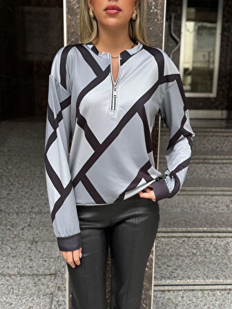 Kadın Uzun Kollu Yuvarlak Yaka Fermuarlı Desenli şardonlu Bluz