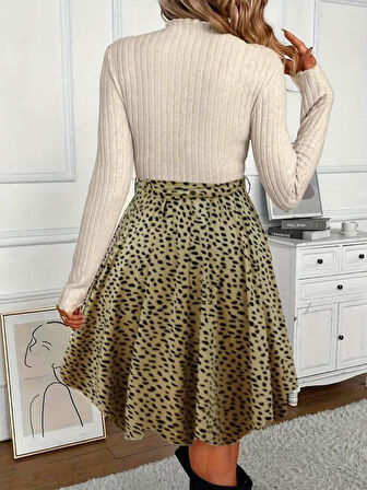 Kadın Uzun Kollu Balıkçı Yaka Belden Bağlamalı üst Kaşkorse Eteği Dalgıç Elbise