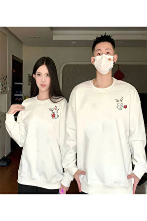 Tavşan Baskılı Sevgili Çift Kombini Kapüşonlu Sweatshirt - Hodie - Beyaz