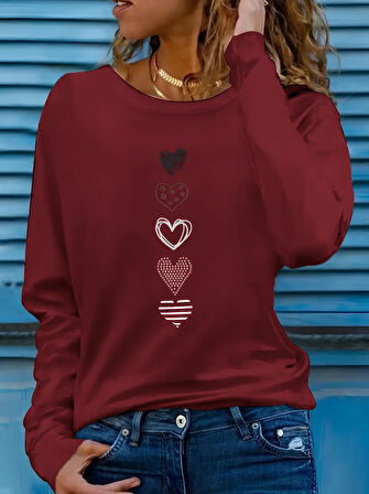 Kadın Uzun Kollu Bisiklet Yaka Desenli Viskon Bluz