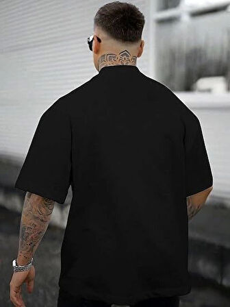 Erkek Bisiklet Yaka Kısa Kol Baskılı T-shirt - Siyah