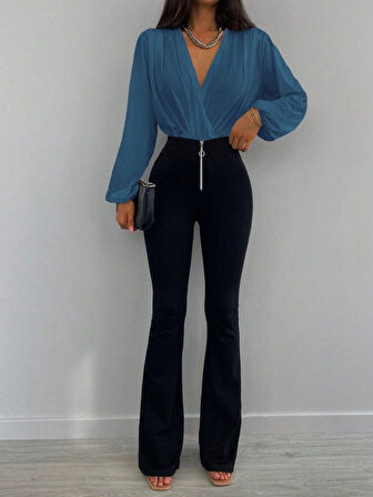 Kadın Uzun Kollu Kruvaze Yaka Sandy Bluz