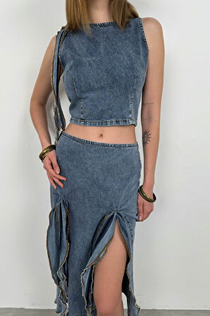 Fırfır Detay Denim Bluz