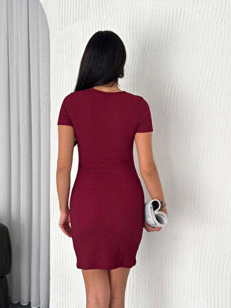 Bisiklet Yaka Kısa Kol Likralı Elbise - Bordo