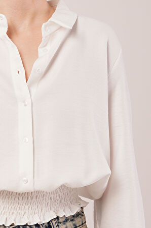 Bel Ve Bilek Lastikli Beyaz Bluz