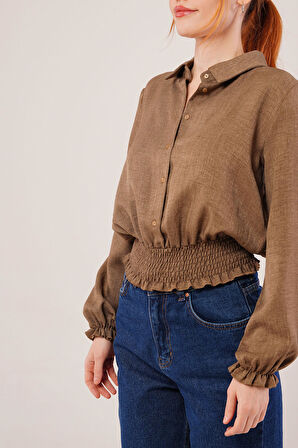 Bel Ve Bilek Lastikli Kahverengi Bluz