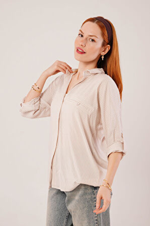 Cep Detay Çizgili Oversize Krem Gömlek