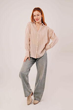 Kol Düğmeli Çizgili Bej Gömlek