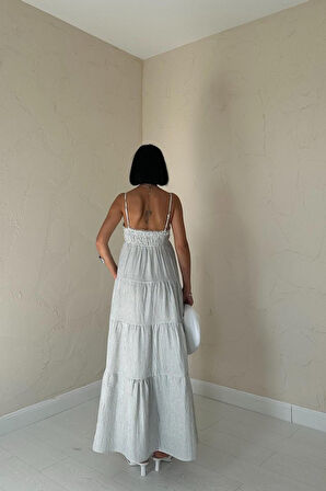 Mavi Askılı Parçalı Çizgili Müslin Elbise