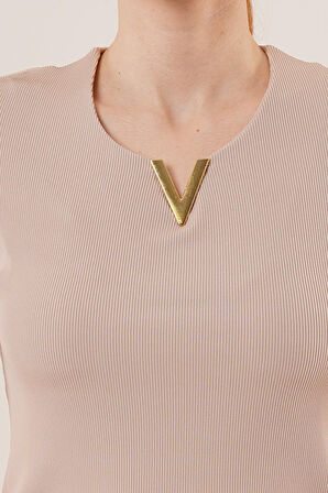 Kısa Kollu Yaka Detaylı Kaşkorse Taş Bluz