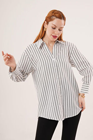 Çift Çizgi Geçişli Düğmeli Gri Gömlek